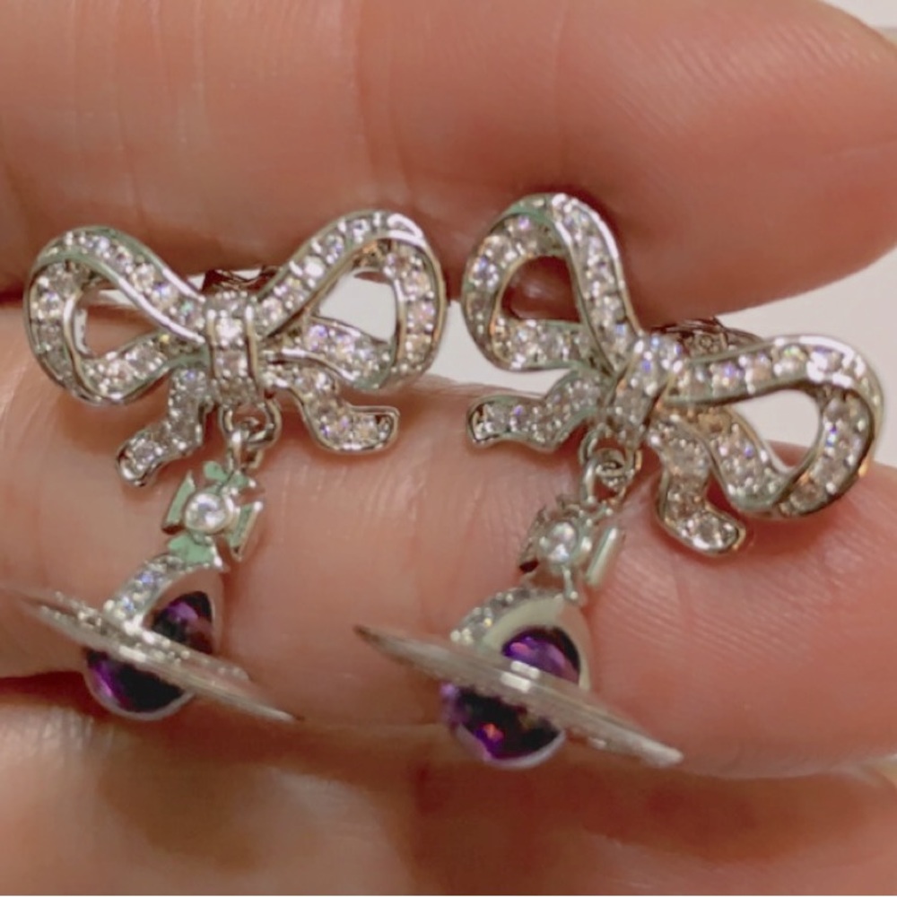 silver tone signature Orb Drop of crystal Bow small earrings - Picture 3 of 10